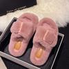 2024 New Casual Buckle One Word Fluffy Slippers Solid Color Home Fashion Outside Wear Cotton Drag