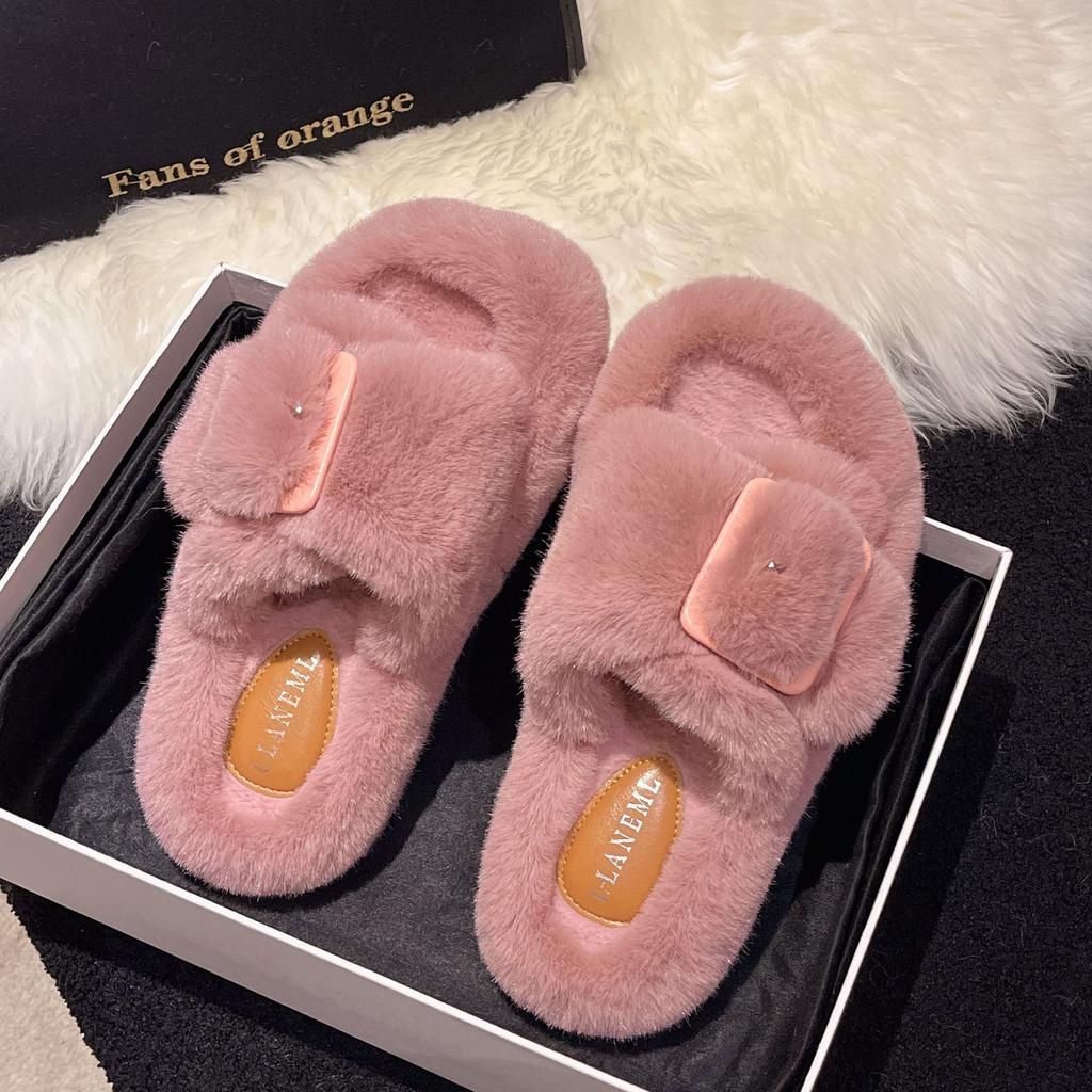 2024 New Casual Buckle One Word Fluffy Slippers Solid Color Home Fashion Outside Wear Cotton Drag
