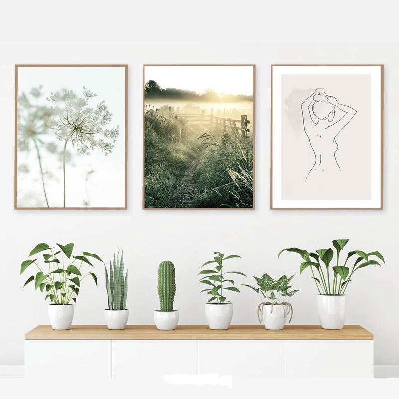 Дерево в скандинавском стиле, картина на холсте, солнечный свет, природа, пейзаж, постер, утренний восход, трава, настенная живопись, скандинавское украшение, картина