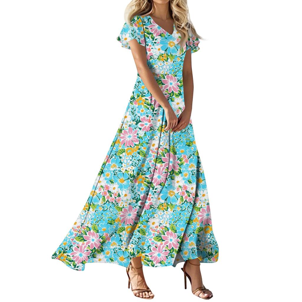 Женское платье макси в стиле бохо, женское летнее платье с коротким рукавом, весеннее повседневное платье А-силуэта с V-образным вырезом, летний пляжный сарафан для отдыха