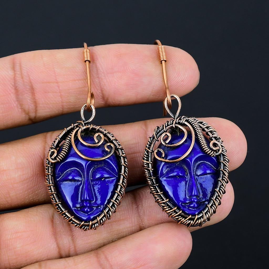 Natural Blue Cameo Face Gemstone Handmade Copper Wire Wrap Earring 2.44 b4O70