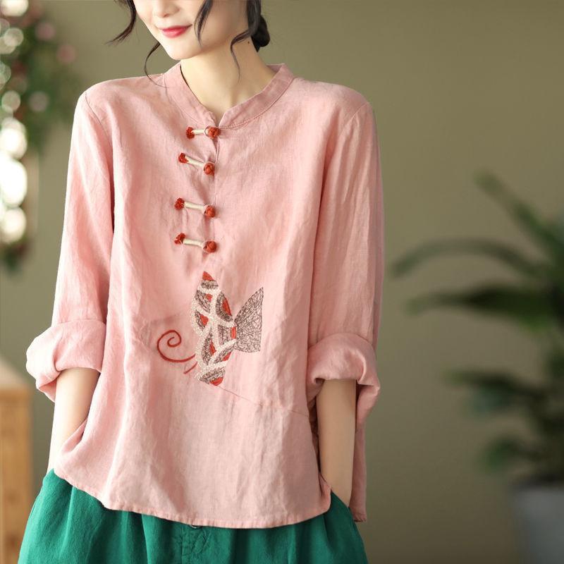 Women's Ethnic Chinese Embroidery T Shirt Top Loose Casual Office Shirt