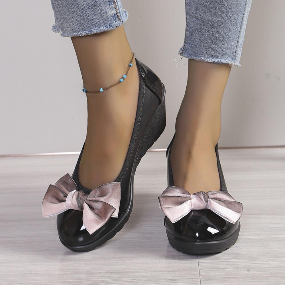 Весна и осень Новые женские туфли-одиночки, туфли с неглубоким бантом, рабочие туфли со стразами, туфли на танкетке для мам