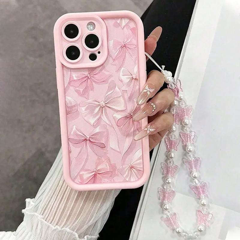 Роскошный чехол для телефона с узором из розовых бантиков для iPhone 17 Air 16 15 14 13 12 11 Pro Max 16E 7 8 Plus с ремешком-шнурком