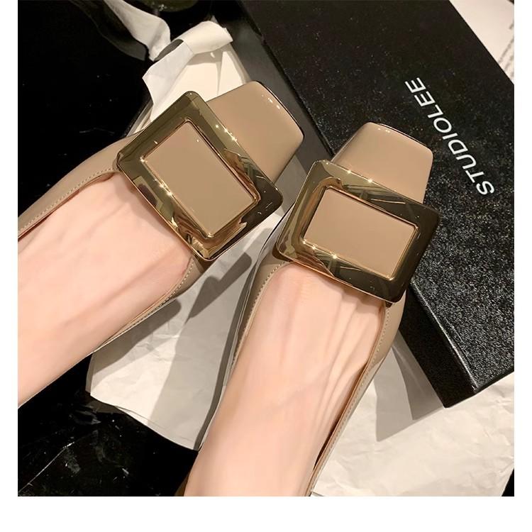 French Elegant Metal Square Buckle Small Thick Heel Shallow Mouth Square Head Flat Sole Single Shoe Women's Spring and Autumn New Models