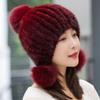 Зимняя женская вязаная меховая теплая шапка с ушками The Spiral Beanies Cap с меховым помпоном на макушке