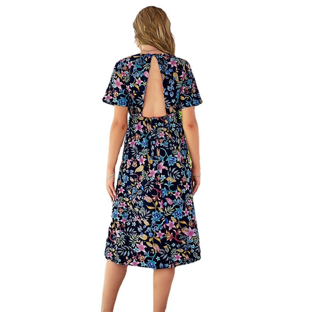 O Neck Women Spring Summer Short Sleeve A Line Chiffon Print Sexy Backless Long Beach Dress Sxxl