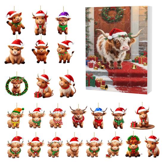 Шотландская высокогорная корова Адвент-календарь Рождество 24 дня Смешной обратный отсчет коровы 2D дизайн Праздничный подвесной декор