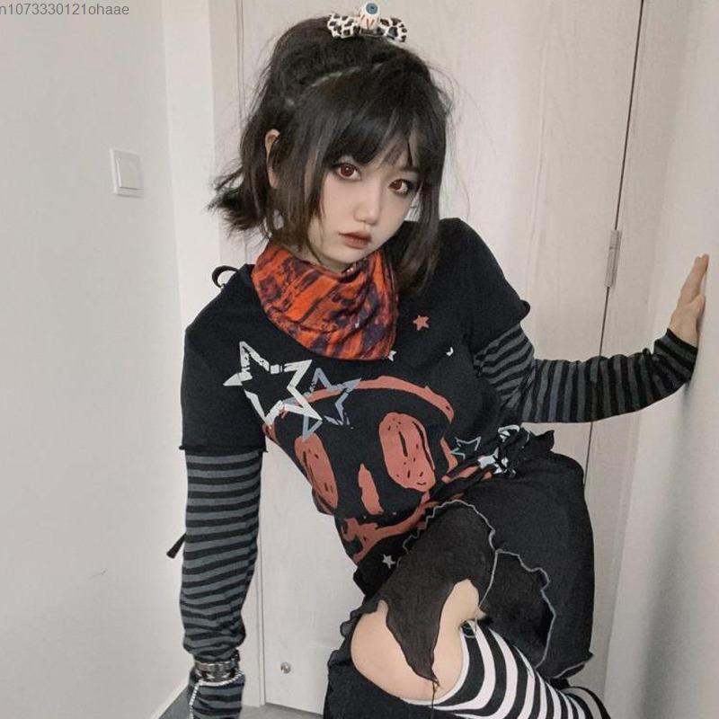Осенняя эстетика панк-принт с длинными рукавами, женская футболка Harajuku Rock Y2k Fake из двух частей, японская мода, свободная повседневная одежда