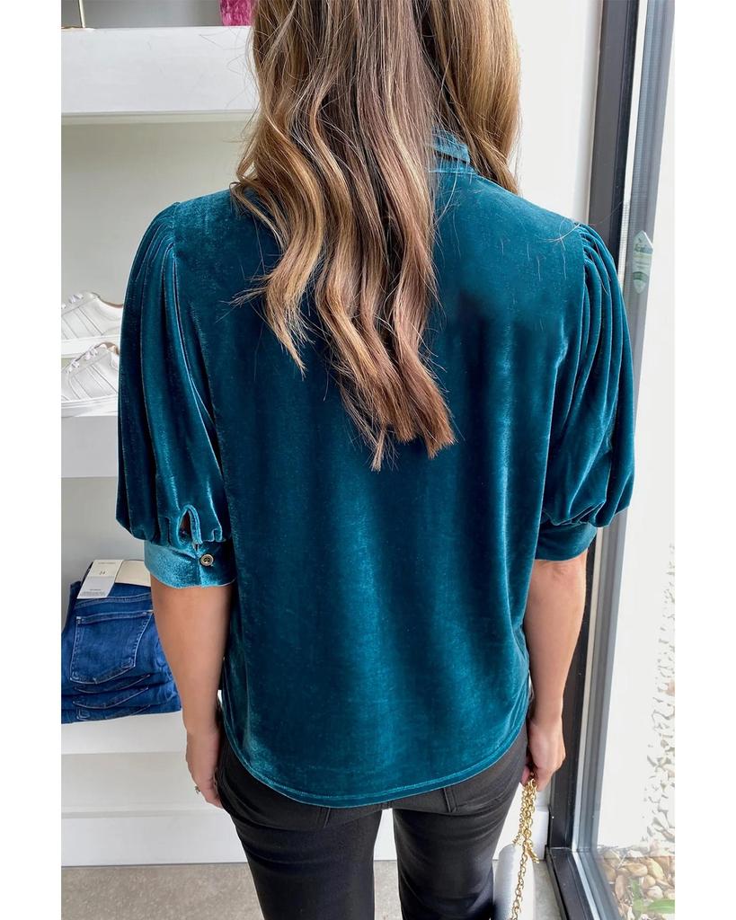 Azura Exchange Peacock Blue Velvet Bow Tie Neck Short Sleeve Top