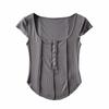 In-Stock Slim Fit Women's Square Neck Short Sleeve Top with Contrast Stitching