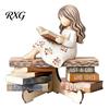 Minimalist Shelf Decor Sculpture Wooden Reading Girl Figurine, Stable Pastoral Style Statue Desktop Base Craft Decor, Artistic Healing Ornament,