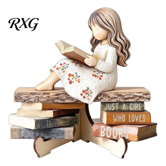 Minimalist Shelf Decor Sculpture Wooden Reading Girl Figurine, Stable Pastoral Style Statue Desktop Base Craft Decor, Artistic Healing Ornament,