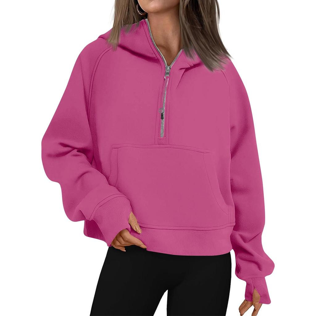 Women’s Hoodies Solid Color Loose Short Half Zip Pockets Thumb Hole Long Sleeve Pullover Sweatshirts