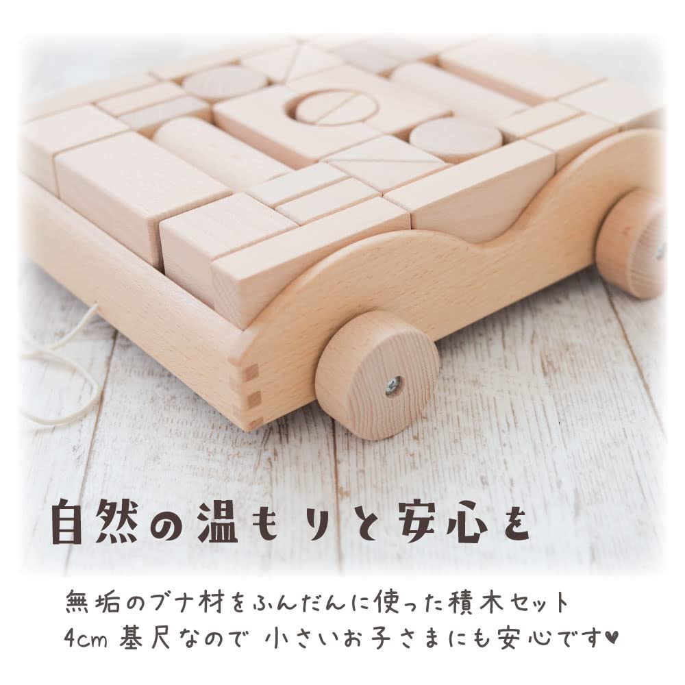 Daiwa Wooden Toy Building Blocks [4cm Base Scale] [Set of 32 Unpainted Building Blocks] with Dolly, 9 Shapes Available, Building Blocks, Blocks, Ages