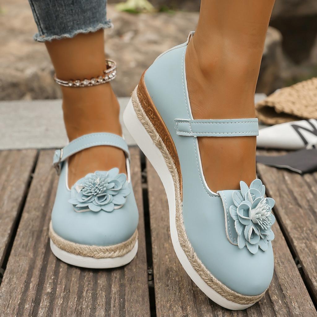 Модная обувь больших размеров для женщин Осень 2025 Модные туфли на платформе и танкетке, балетки с ремешком на пряжке, Zapatos De Mujer с цветком