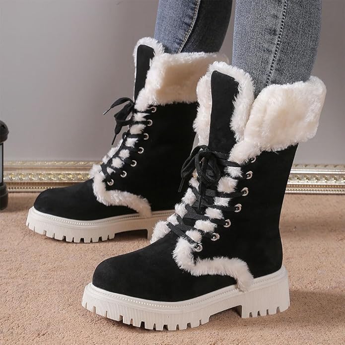 Women's Winter Plush Boots Ankle Boots Snow Boots Warm Cotton Ankle Boots Thick Sole Mid-tube Front Lace-up Plush Thick Cotton Shoes