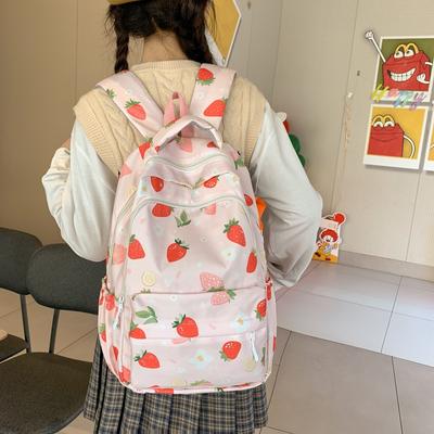 Рюкзак для путешествий и отдыха Strawberry Schoolbag для женщин, вместительный рюкзак с принтом для старшеклассников, учеников средних школ и студентов колледжей.