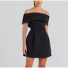 Women Simple Patchwork Off The Shoulder Party Dress Spring Summer Short Sleeve Mini Dress Slash Neck Solid Color Ladies Dress