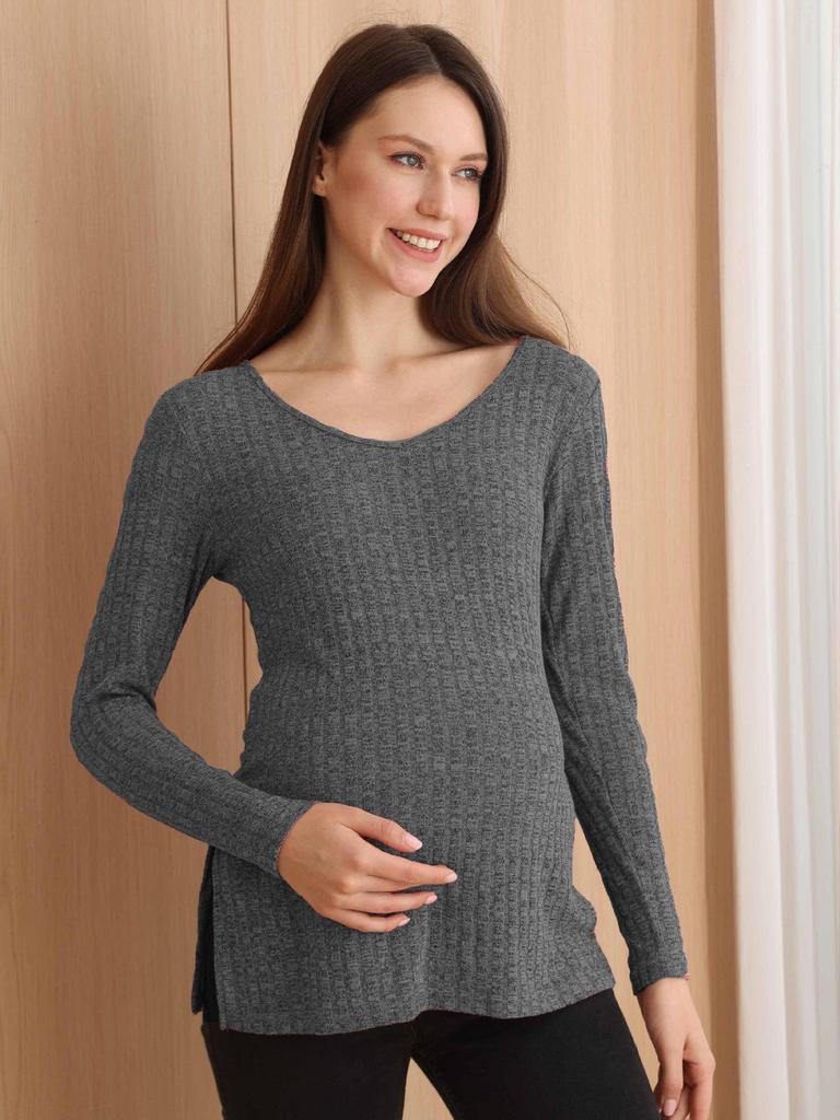 Новый бархатный топ с V-образным вырезом для беременных с разрезами - Однотонный, с длинным рукавом.