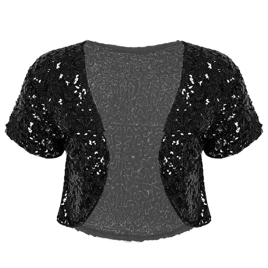 Womens Glitter Sequin Cropped Waistcoat Jacket Cardigan Coat Shiny Outwear Stage Performance Costume