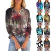 Women's Seven Quarter Sleeved T-shirt V-neck Button Up Shirt With Printed Loose Top For Halloween
