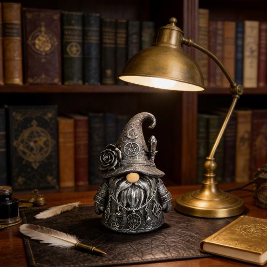 Gothic Wizard Gnome Figurine Halloween Mini Resin Gnome Statue Collectible Tabletop Dwarf Ornament for Indoor Table Shelf Tiered Tray Decor