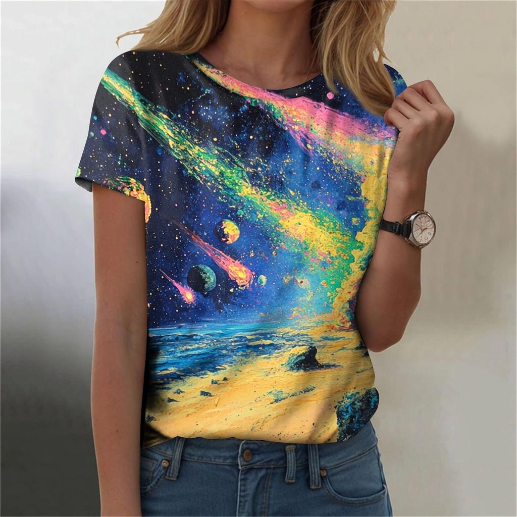 Женская мода Sky Print модная универсальная облегающая футболка с коротким рукавом