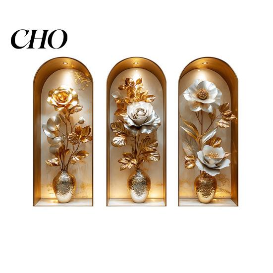 Removable Wall Decal 3 Pcs 3D Vase Stickers Vintage Flower Art Sticker Self-Adhesive Colorful Floral Blossom Decals for Bedroom Living Room Home Decor