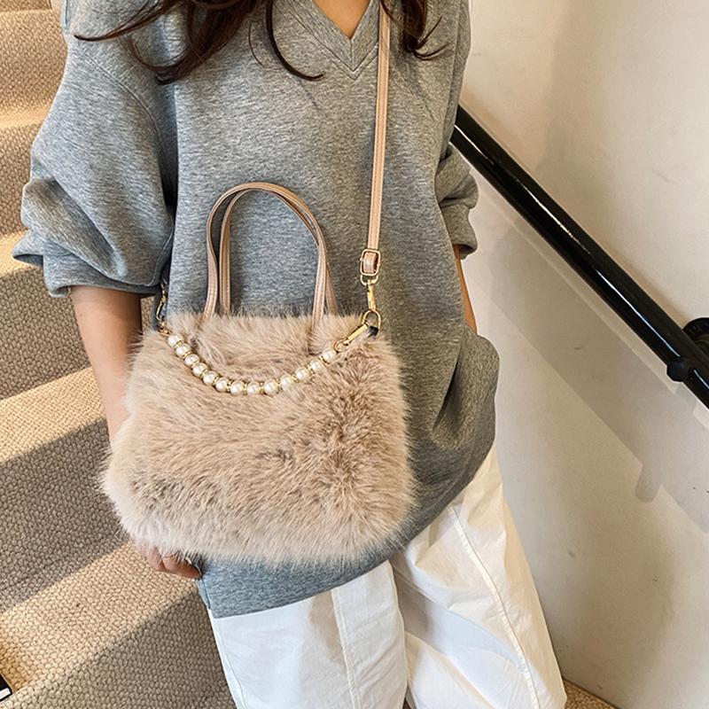 Hairy Handbag Pearl Chain Plush Small Square Bag For Women Fashion Elegant Shoulder Crossbody Bag Autumn Winter Versatile Totes