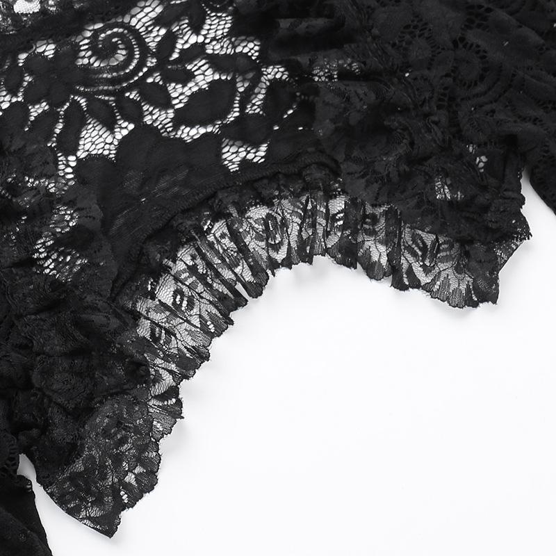 Gothic Classic Lace Cover Ups Women Mesh Crop Top See Through Sexy Flare Sleeve Blouse Y2k Black Rave Outfit Festival