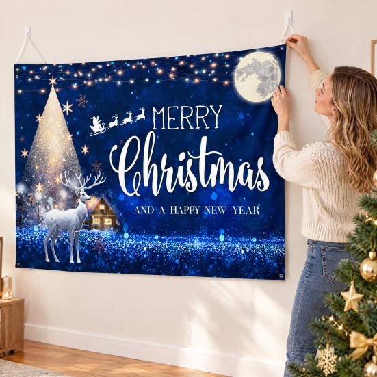 Xmas Photo Booth Prop Christmas Banner, 71x43 Inches Santa Sleigh Reindeer Snowman Backdrop for Winter Wonderland Reusable Holiday Party Decorations,