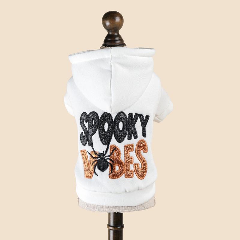 Hooded Pet Sweatshirt With White Spider Embroidery Dachshund Small Dogs Cats Halloween Warm Two-Legged Outfit