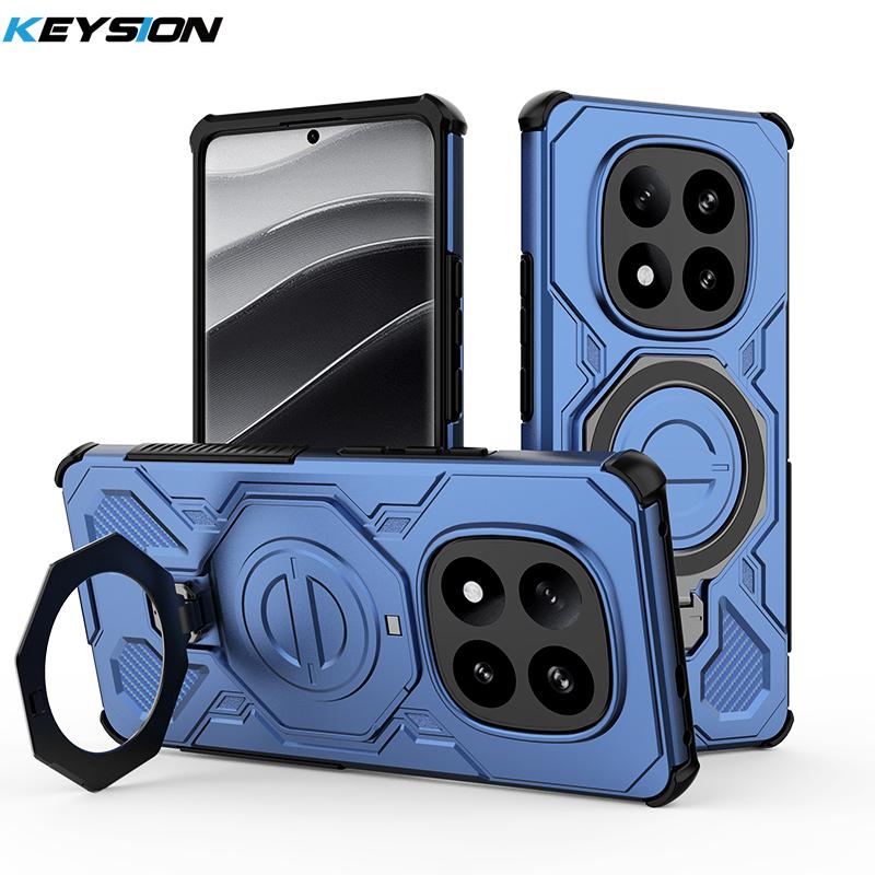 KEYSION Противоударный магнитный чехол для Redmi Note 14 Pro+ 5G с вертикальной металлической кольцевой подставкой для просмотра в реальном времени, задняя крышка для телефона Xiaomi POCO X7 5G