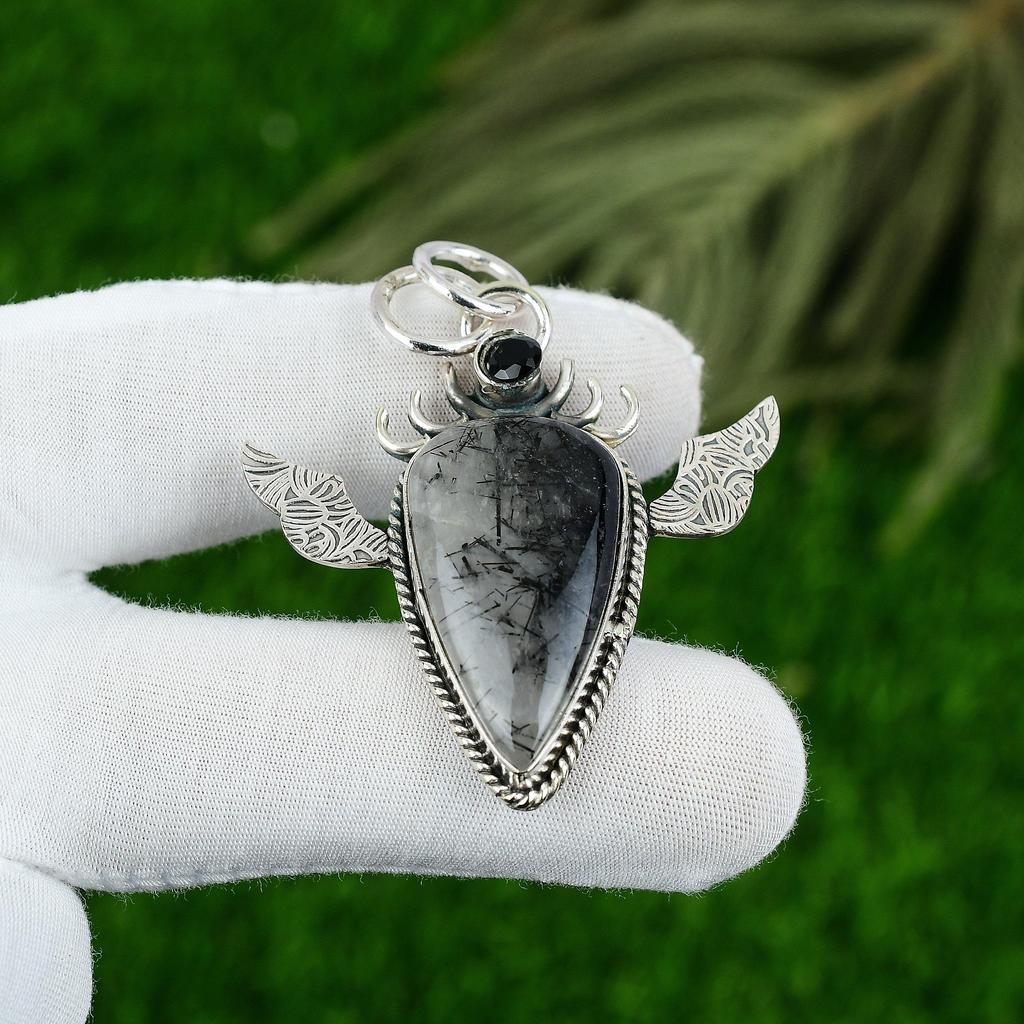 925 Sterling Silver Pear Natural Black Rutile Spinel Engagement Pendant Jewelry