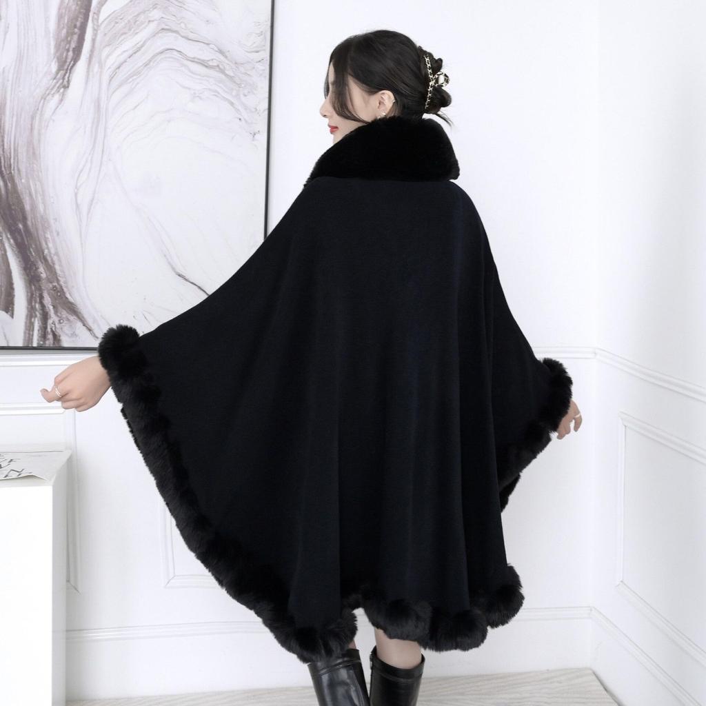 16 Colors Women String Rabbit Fur Collar Outstreet Wear Winter Thick Poncho Cardigan Long Cloak Big Pendulum Loose Shawl Coat