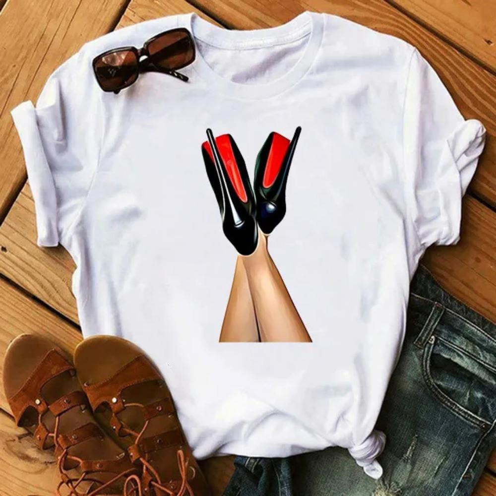 New Fashion High Heels Personalized Printed Women's Summer Short Sleeve T-shirt Casual Tops Oversized T Shirt Harajuku Tee
