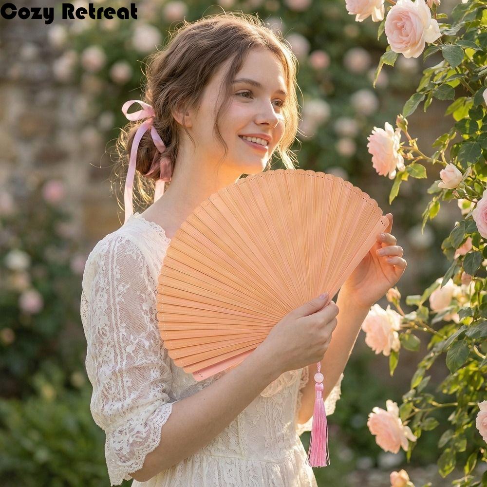 Retro Bamboo Folding Fan Solid Color with Tassels Folding Hand Fan Portable Decorative Fan Handheld Fan Cultural Activities