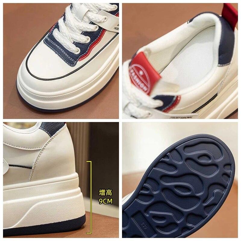 Fujin 9 см, модные массивные кроссовки из микрофибры 2024, модные женские белые весенние туфли на танкетке, осень-лето, вулканизированная обувь