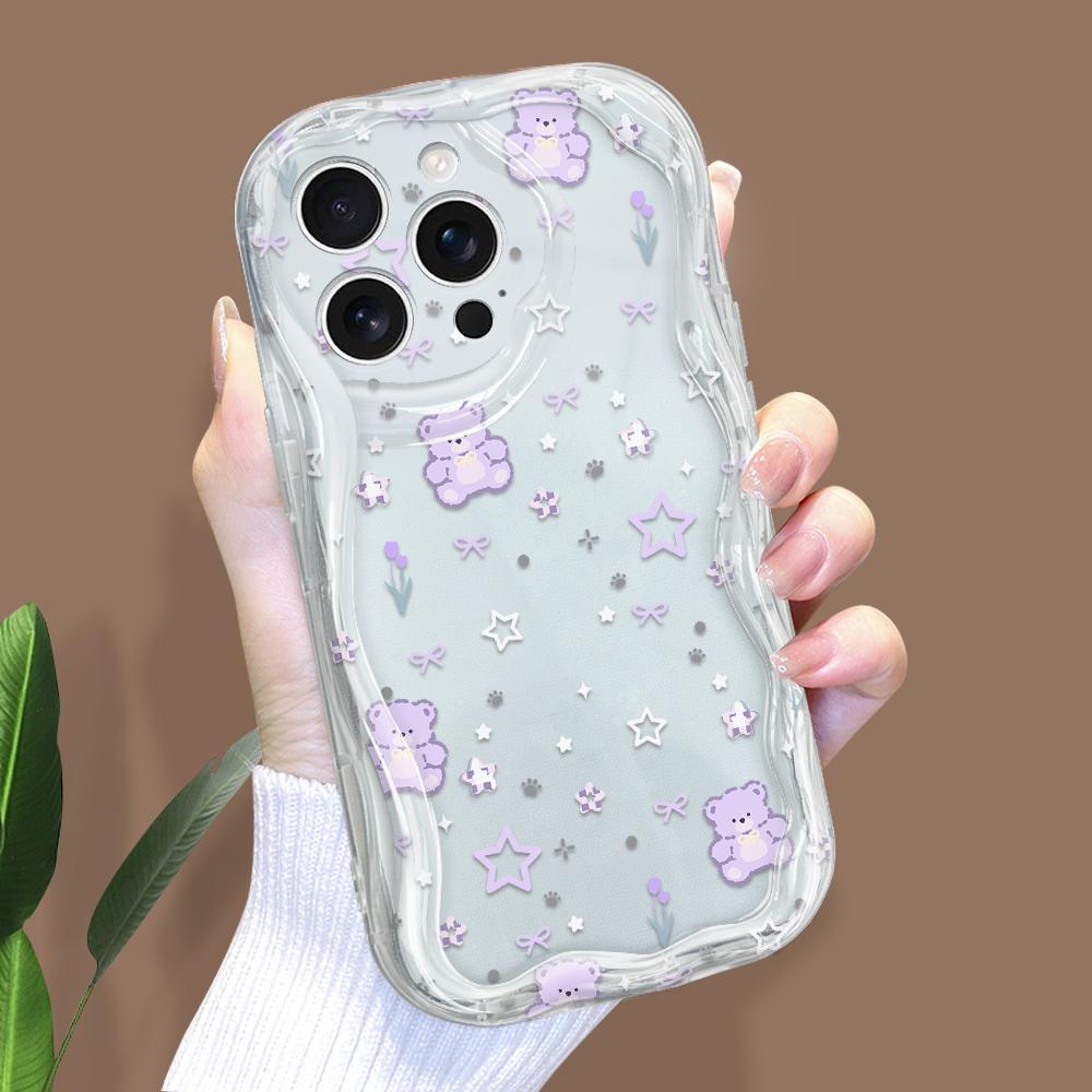 Для iPhone 16 15 14 Samsung S25 S24 S23 A06 A13 A14 A15 A16 A55 Redmi 14C 13C Note 14 13 12 Мягкий силиконовый чехол для телефона с волнистыми краями и изображением звезды и медведя