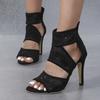 New Summer Fashion Round Head Open Toe Sexy Lace Breathable Panel Zipper Casual Slim Heels Women's Large Heel Sandals 35-43