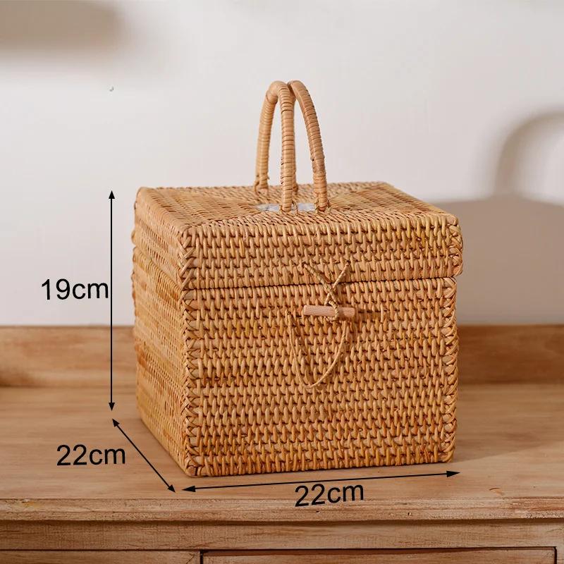 Handwoven Rattan Storage Box with Lid Tea Food Container Kongfu Tea Set Bread Fruit Basket with Lid Puer Tea Bag Organizer