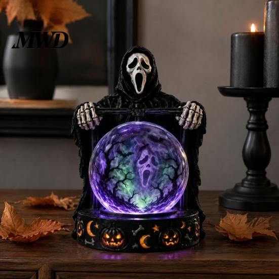 Ghostly Castle Night Light LED Lighted Halloween Faux Crystal Ball Decoration, Resin Witch/Skeleton/Cat/Ghost Figurine with Vintage Style Collectible