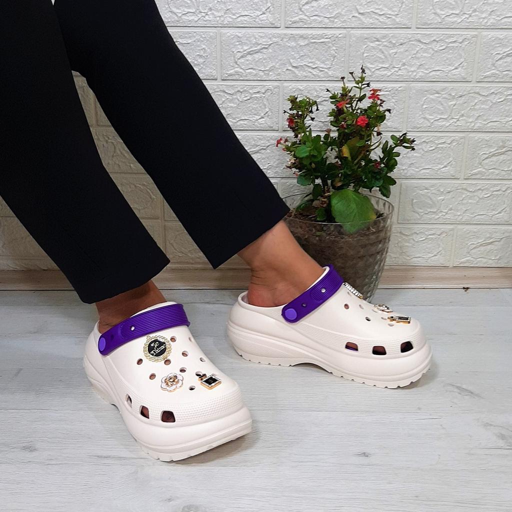 Sonimix 16001 Кремово-белые - фиолетовые женские тапочки Crks на толстой подошве с камнем