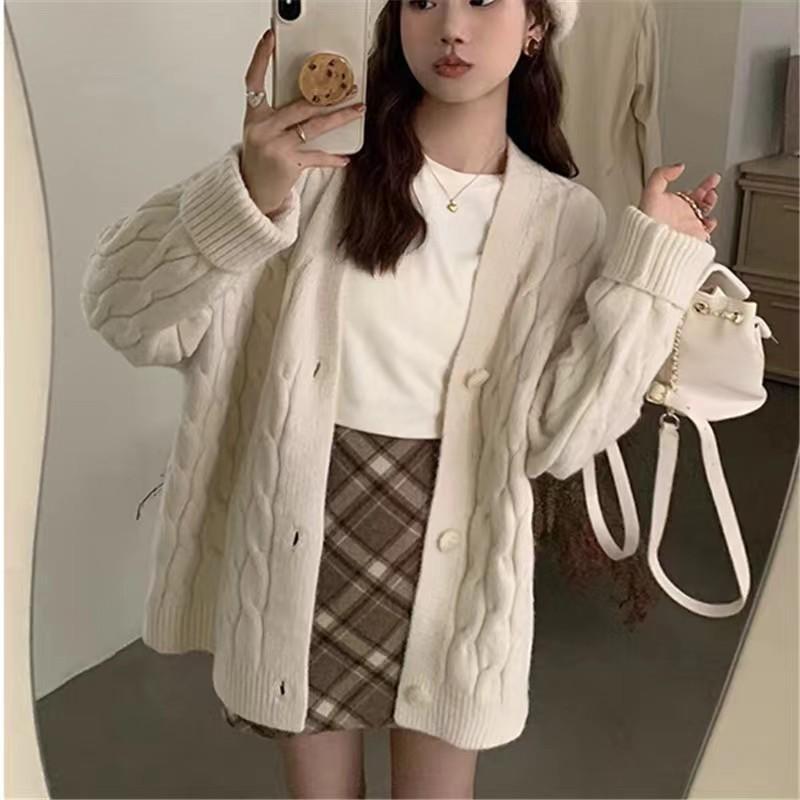 Ленивый ветер над Новым годом Рождество Красный вязаный кардиган свитер куртка женская осень