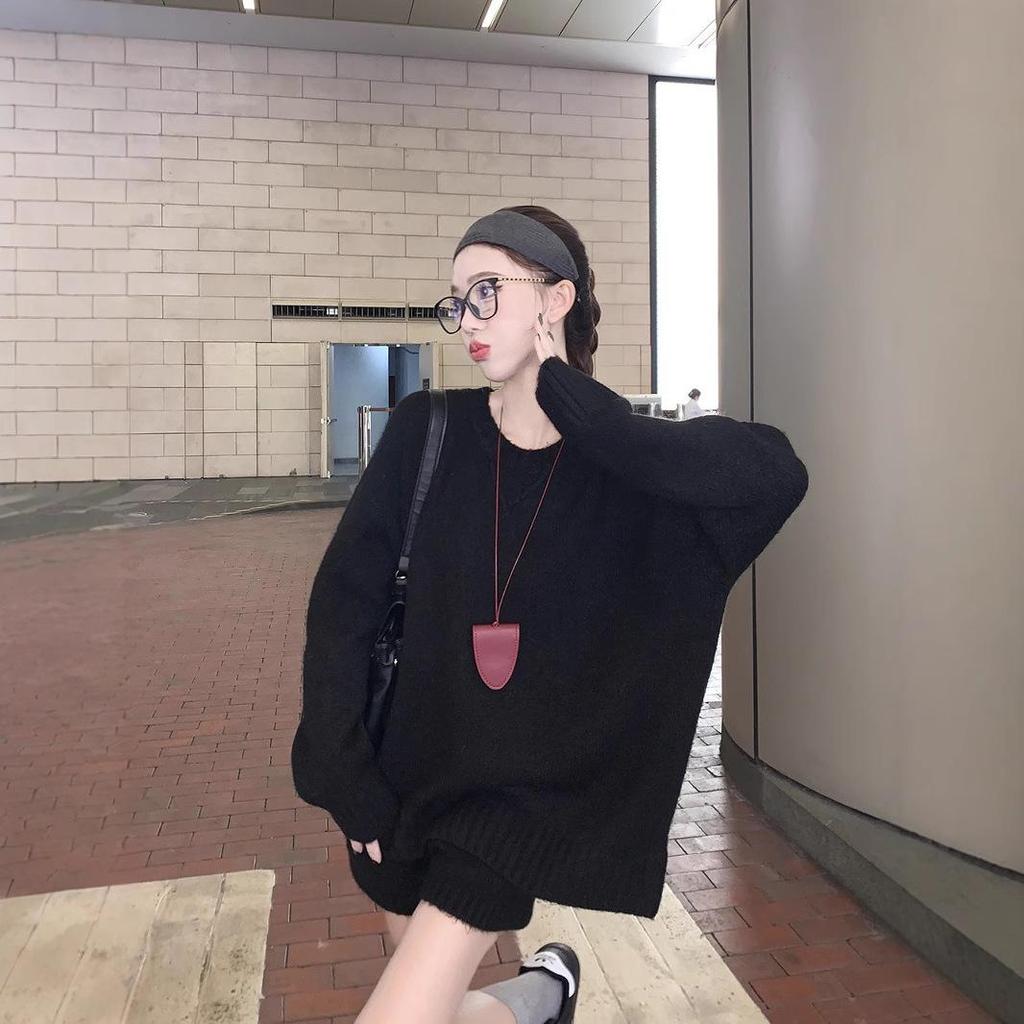 Women's Winter Black Knit Sweater and High-Waist Wide-Leg Shorts Two-Piece Set