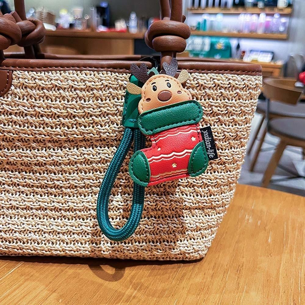 Exquisite Christmas Key Ring Sewn Leather Elk Pendant Versatile Santa Claus Keychain  Kids