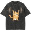 Cute Orange Cat Lifting Print T-shirt Water Wash Vintage High Quality Short Sleeve Casual Men's and Women's Tops T Shirt