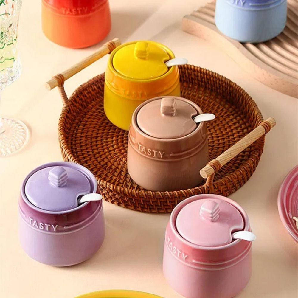 Lid Ceramic Spice Jar Gradient Colored Kitchen Canisters Safe Seasoning Box  Salt