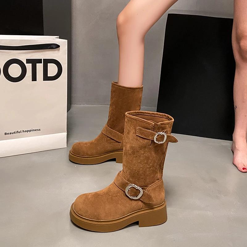 Fashion 2024 High Quality Ladies Shoes Slip-on Women's Boots Fashion Belt Buckle Modern Boots Women Winter Round Toe Mid-Calf Boots